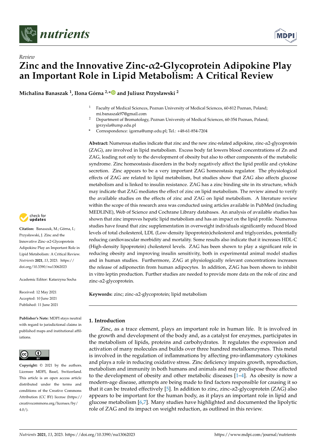 Zinc and the Innovative Zinc-Α2-Glycoprotein Adipokine Play an Important Role in Lipid Metabolism: a Critical Review