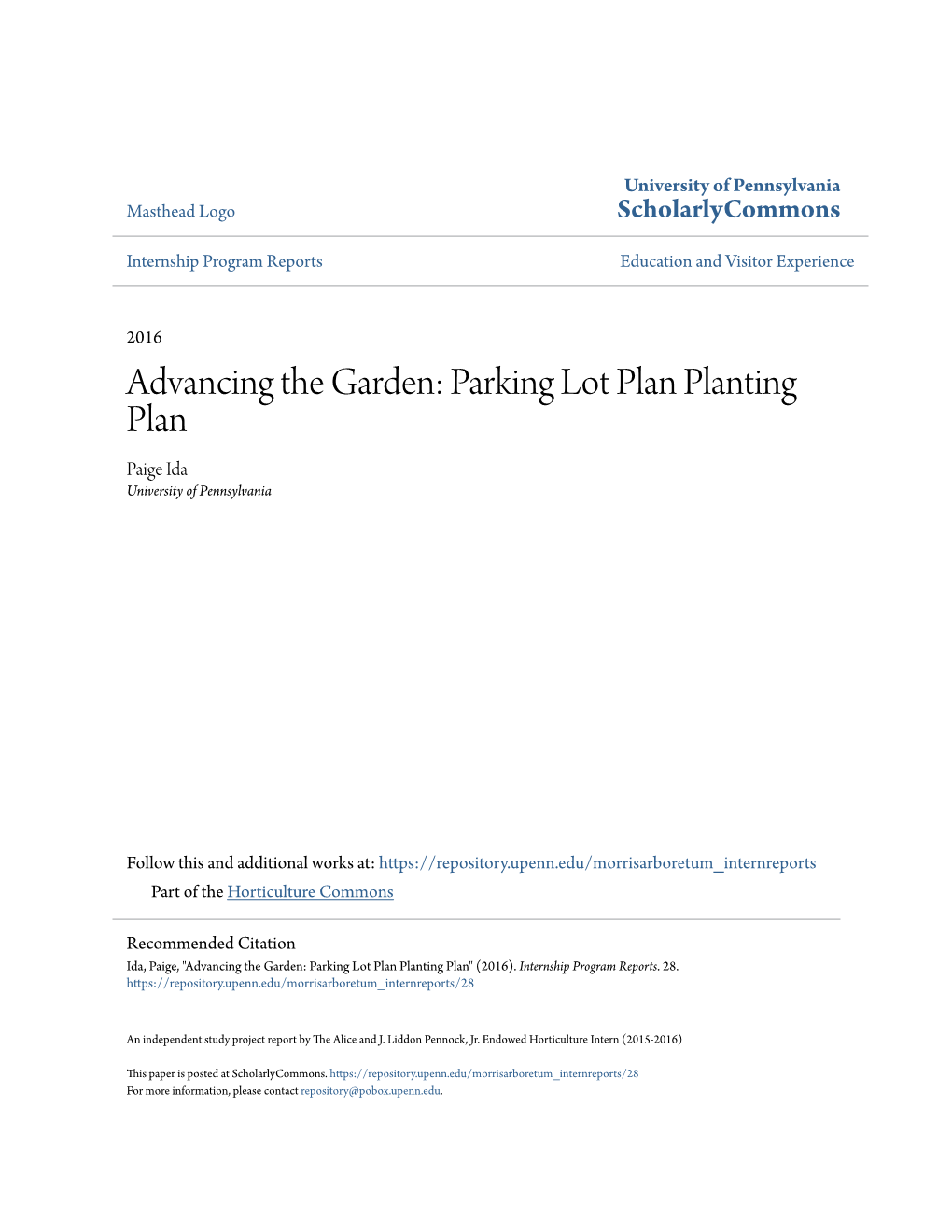 Parking Lot Plan Planting Plan Paige Ida University of Pennsylvania