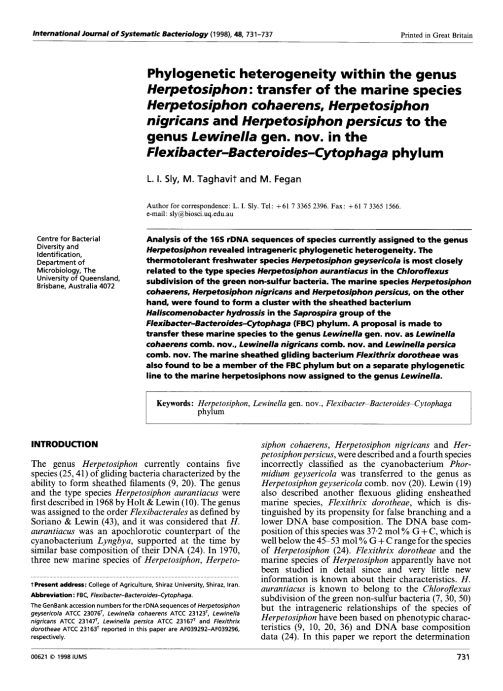 Phylogenetic Heterogeneity Within the Genus Herpetosiphon: Transfer Of