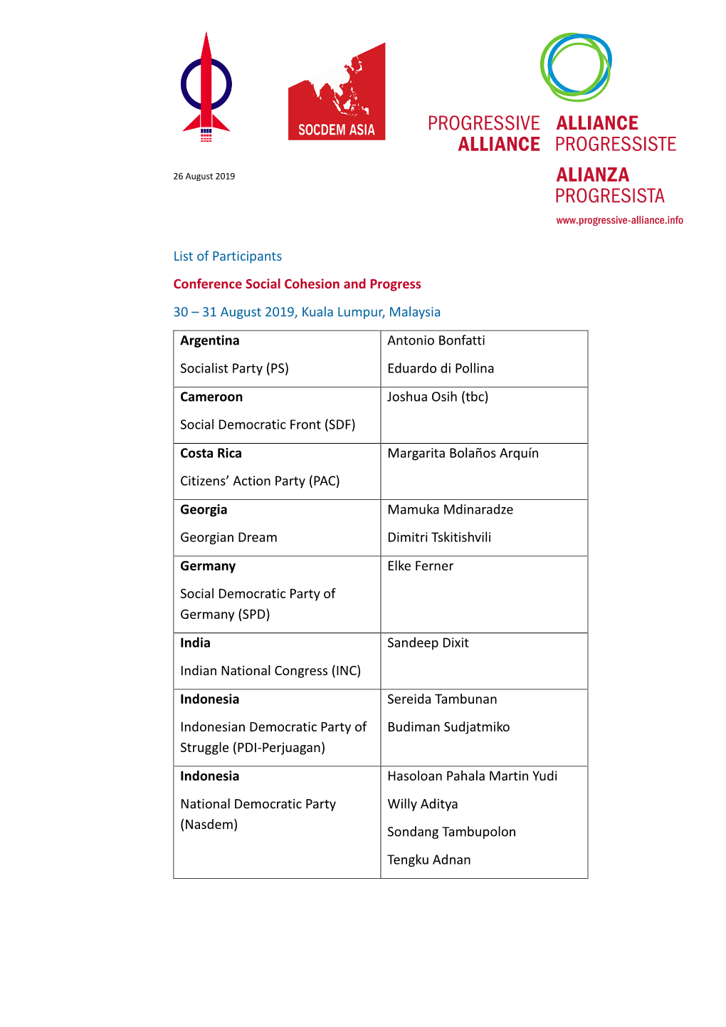 List of Participants Conference Social Cohesion and Progress 30 – 31