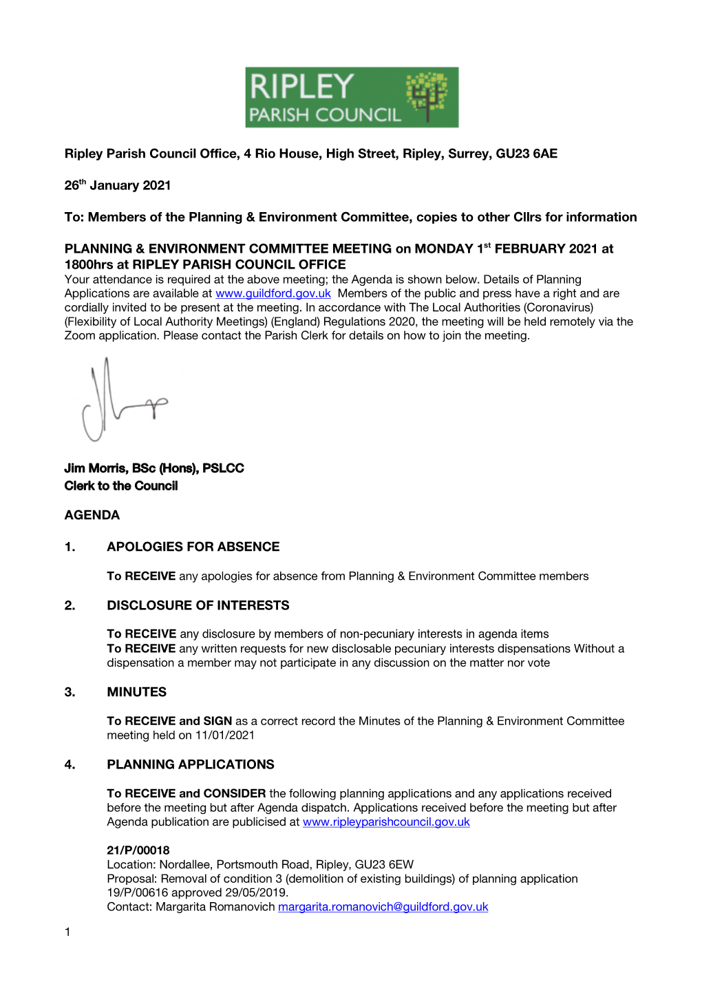 Members of the Planning & Environment Committee, Copies to Other Cllrs for Information