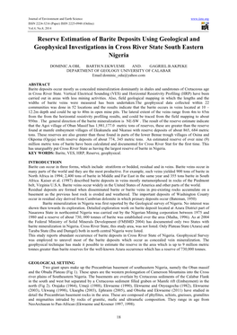 Reserve Estimation of Barite Deposits Using Geological and Geophysical Investigations in Cross River State South Eastern Nigeria