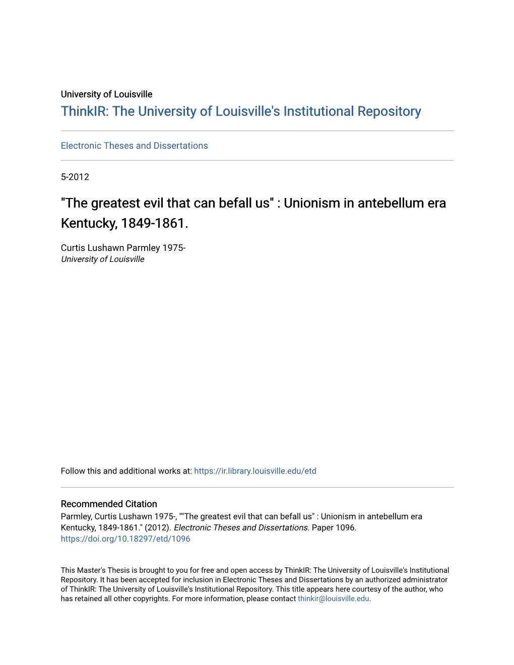 Unionism in Antebellum Era Kentucky, 1849-1861