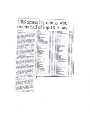 CBS Scores Big Ratings Win, Claims Half of Top-10 Shows Associated Pres,R Prognm Wend Raft 43