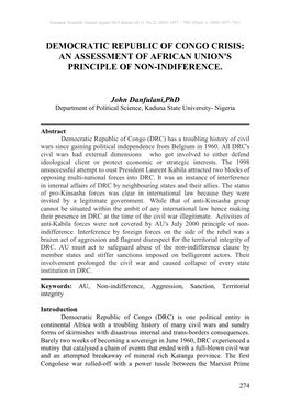 Democratic Republic of Congo Crisis: an Assessment of African Union's Principle of Non-Indiference