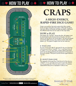 HOW to PLAY HOW to PLAY CRAPS a HIGH-ENERGY, RAPID-FIRE DICE GAME! Craps Is an Exciting, Fast-Action Game That Often Creates Bursts of Cheer Throughout the Casino