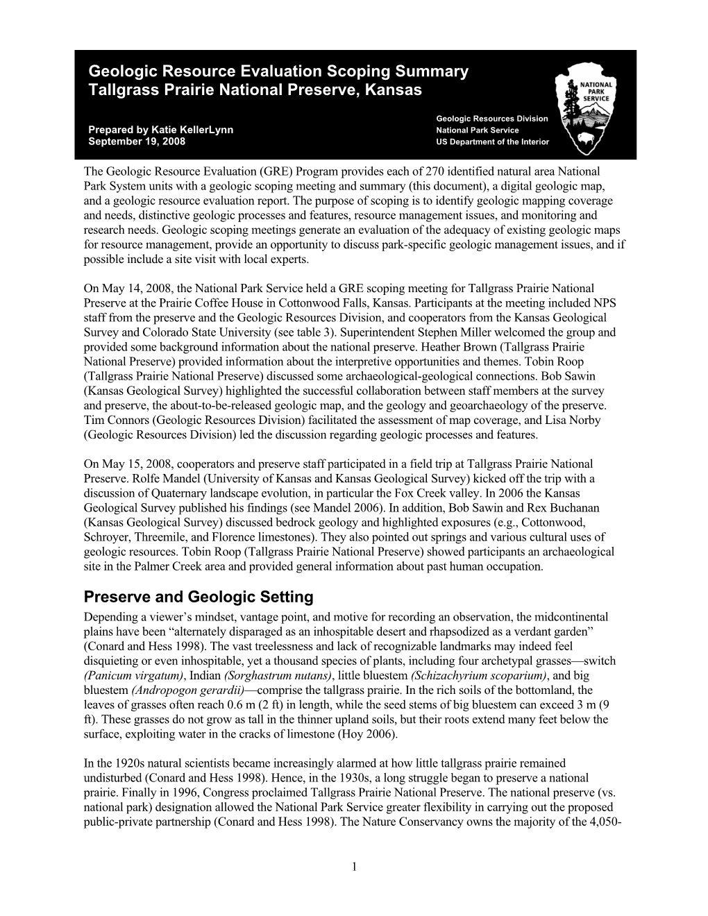 Geologic Resource Evaluation Scoping Summary Tallgrass Prairie National Preserve, Kansas