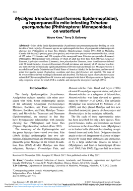 A Hyperparasitic Mite Infesting Trinoton Querquedulae (Phthiraptera: Menoponidae) on Waterfowl Wayne Knee,1 Terry D