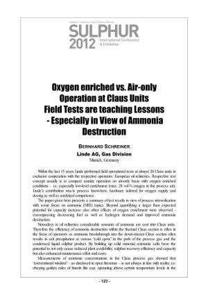 Oxygen Enriched Vs. Air-Only Operation at Claus Units Field Tests Are Teaching Lessons - Especially in View of Ammonia Destruction