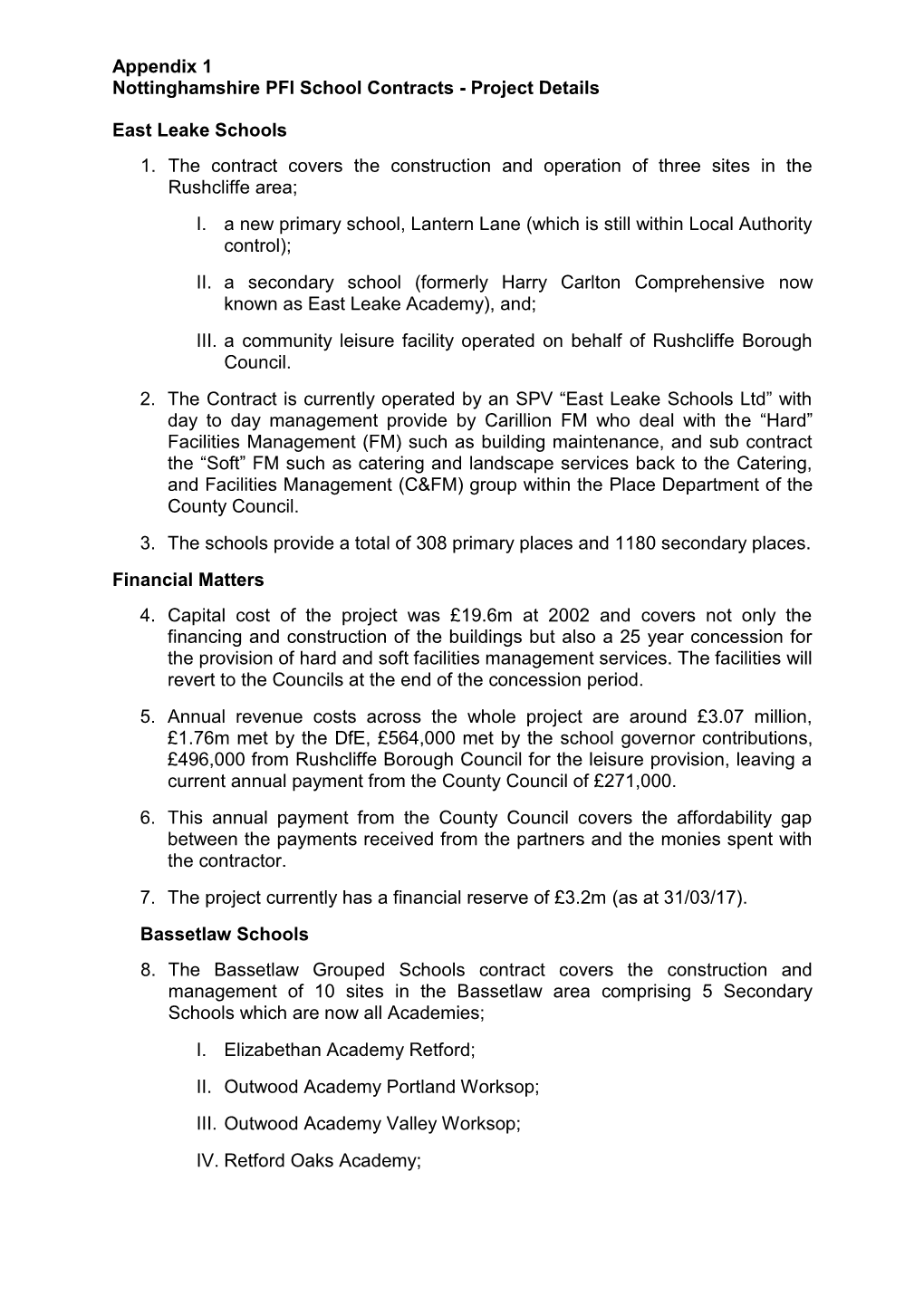 Appendix 1 Nottinghamshire PFI School Contracts - Project Details