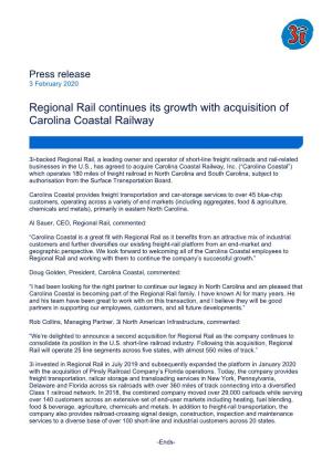 Regional Rail Continues Its Growth with Acquisition of Carolina Coastal Railway