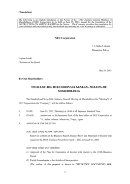 Notice of the 165Th Ordinary General Meeting Of