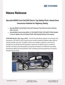 Hyundai NEXO Fuel Cell SUV Earns Top Safety Pick+ Award from Insurance Institute for Highway Safety