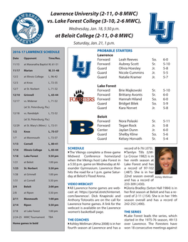 Lawrence University (2-11, 0-8 MWC) Vs. Lake Forest College (3-10, 2-6 MWC), Wednesday, Jan