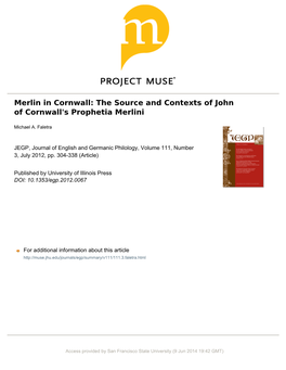 Merlin in Cornwall: the Source and Contexts of John of Cornwall’S Prophetia Merlini