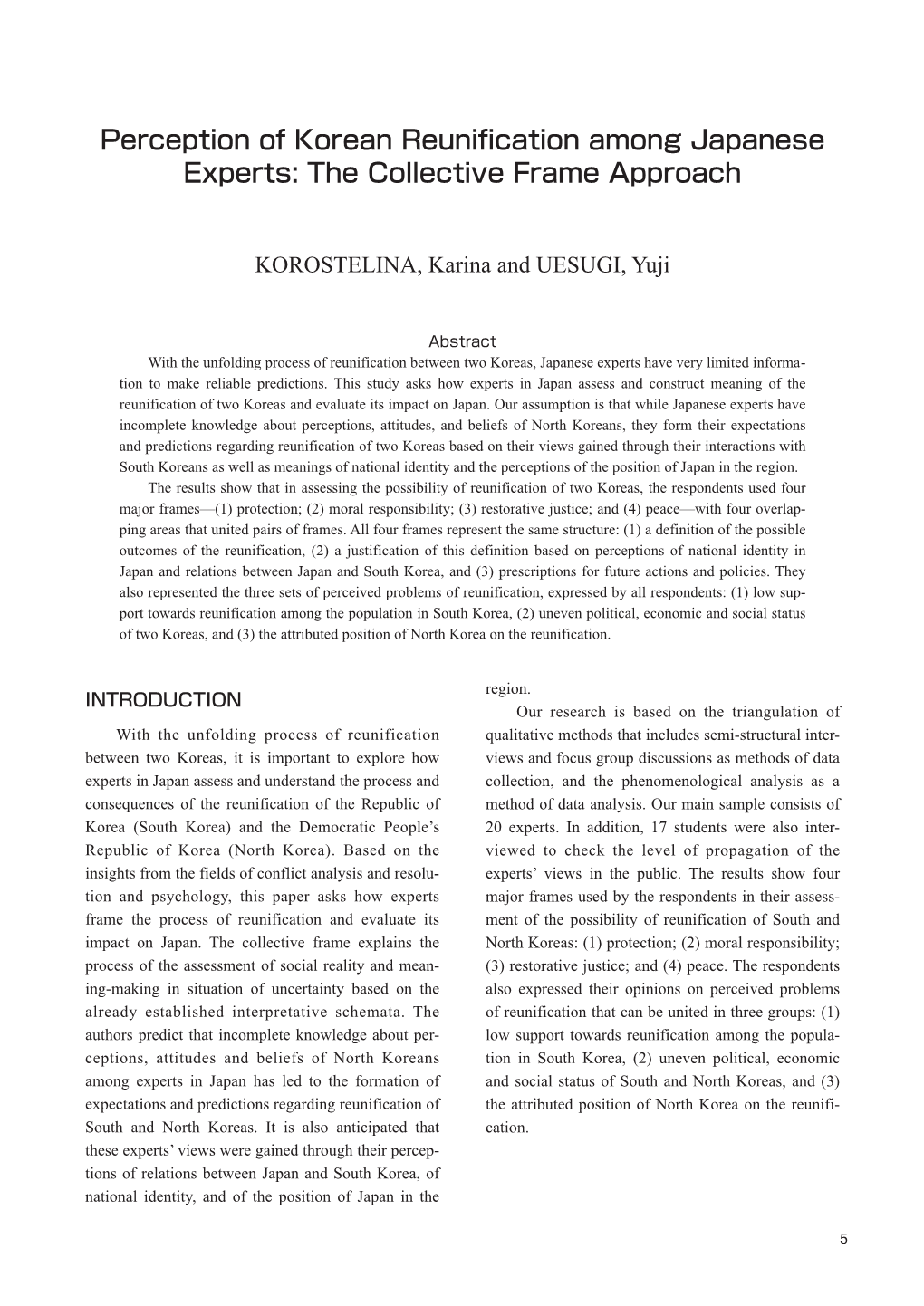 Perception of Korean Reunification Among Japanese Experts: the Collective Frame Approach