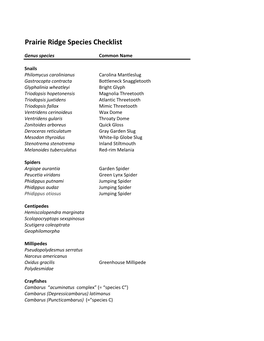 Prairie Ridge Species Checklist