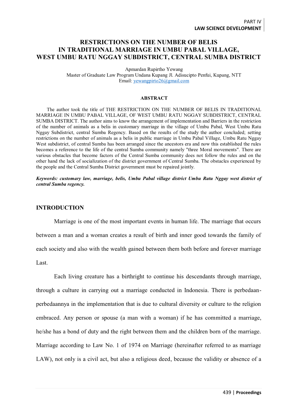 Restrictions on the Number of Belis in Traditional Marriage in Umbu Pabal Village, West Umbu Ratu Nggay Subdistrict, Central Sumba District