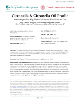 Citronella & Citronella Oil Profile New York State Integrated Pest Management Cornell Cooperative Extension Program