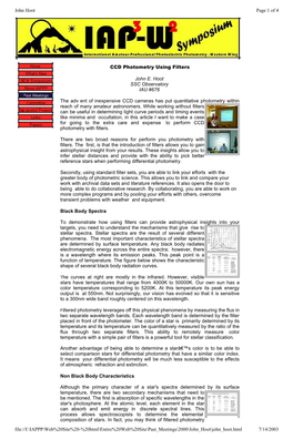 CCD Photometry Using Filters John E. Hoot SSC Observatory IAU #676