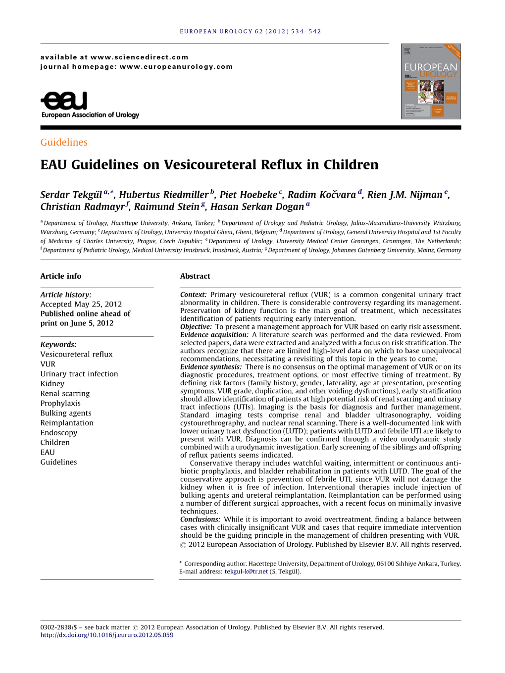 EAU Guidelines on Vesicoureteral Reflux in Children