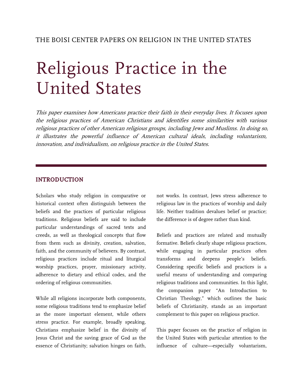 The Boisi Center Papers on Religion in the United States