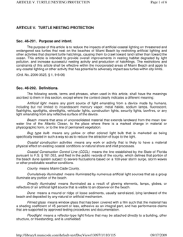 ARTICLE V. TURTLE NESTING PROTECTION Sec. 46-201. Purpose and Intent. Sec. 46-202. Definitions. Page 1 of 6 ARTICLE V. TURTLE