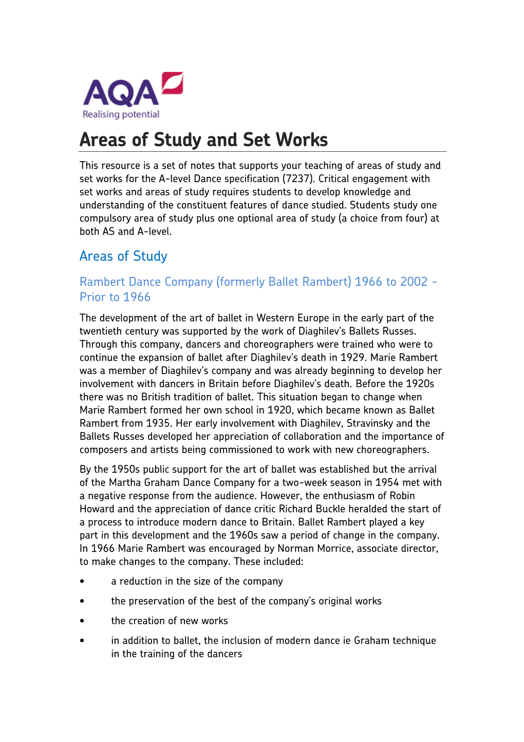 A-Level Dance Areas of Study and Set Works