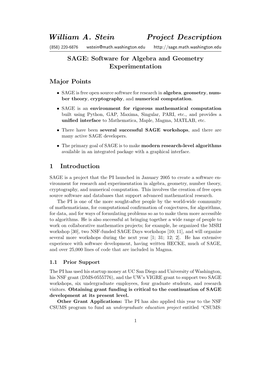 William A. Stein Project Description (858) 220-6876 Wstein@Math.Washington.Edu SAGE: Software for Algebra and Geometry Experimentation