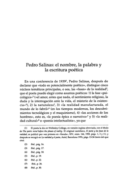 Pedro Salinas: El Nombre, La Palabra Y La Escritura Poética