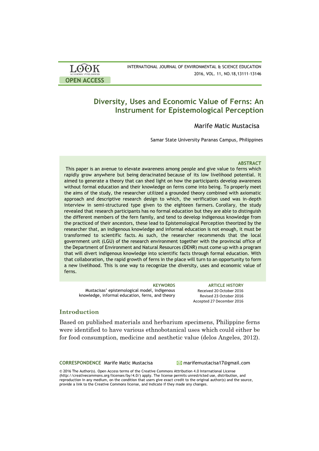 Diversity, Uses and Economic Value of Ferns: an Instrument for Epistemological Perception