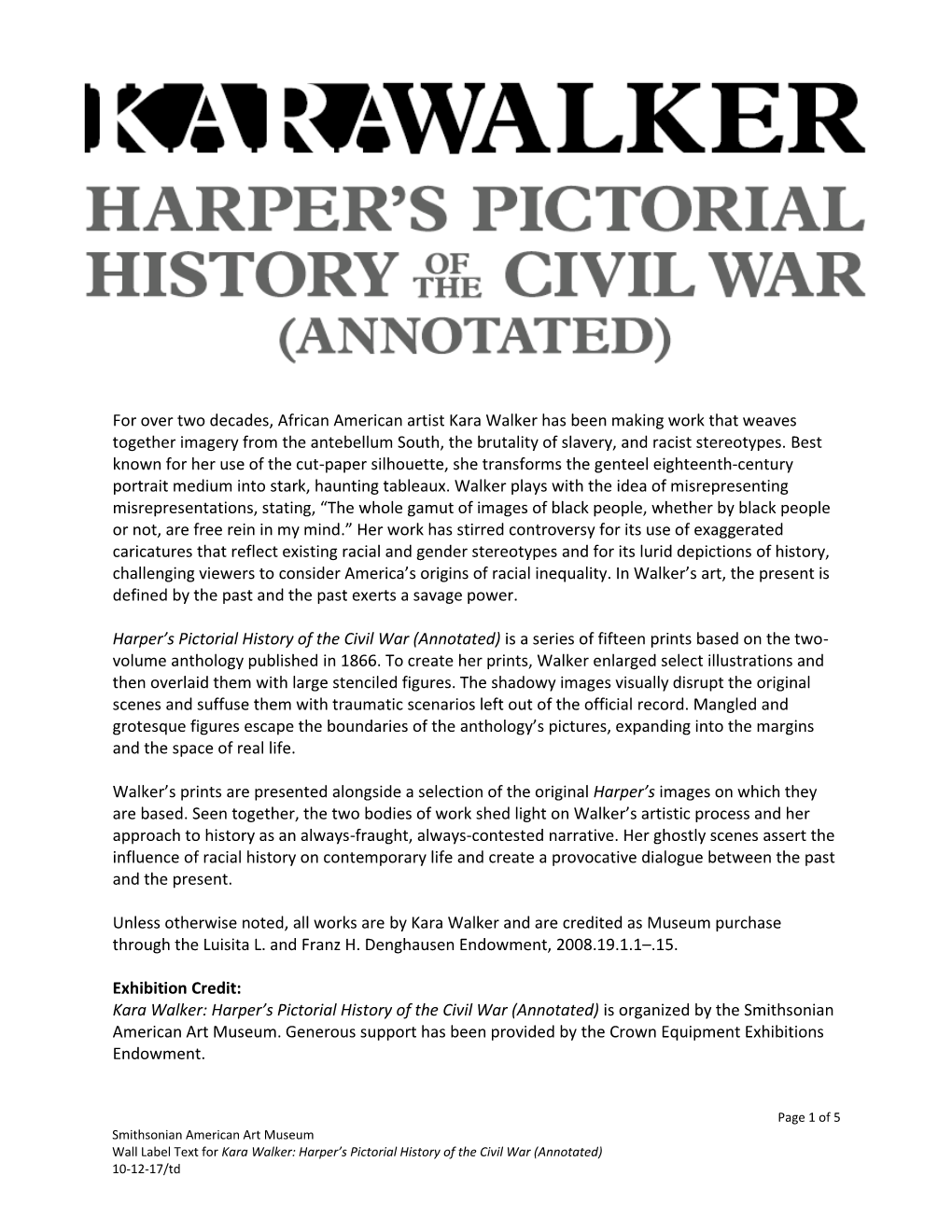 Wall Text Labels for Kara Walker: Harper's Pictorial History of the Civil War (Annotated)