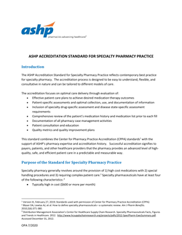 Ashp Accreditation Standard for Specialty Pharmacy Practice