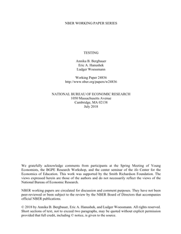 NBER WORKING PAPER SERIES TESTING Annika B. Bergbauer Eric A. Hanushek Ludger Woessmann Working Paper 24836