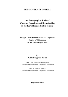 THE UNIVERSITY of HULL an Ethnographic Study of Women's