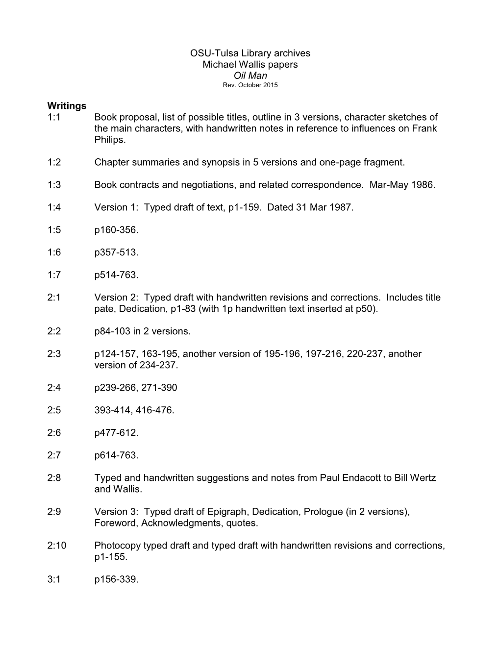 OSU-Tulsa Library Archives Michael Wallis Papers Oil Man Writings 1:1 Book Proposal, List of Possible Titles, Outline in 3 Versi