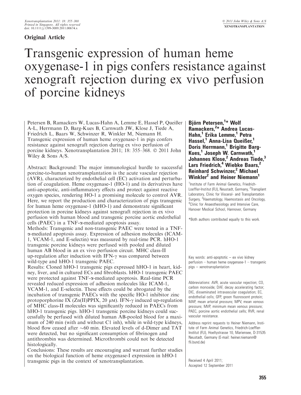 Transgenic Expression of Human Heme Oxygenase1 in Pigs Confers