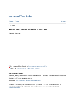 Yeats's White Vellum Notebook, 1930–1933