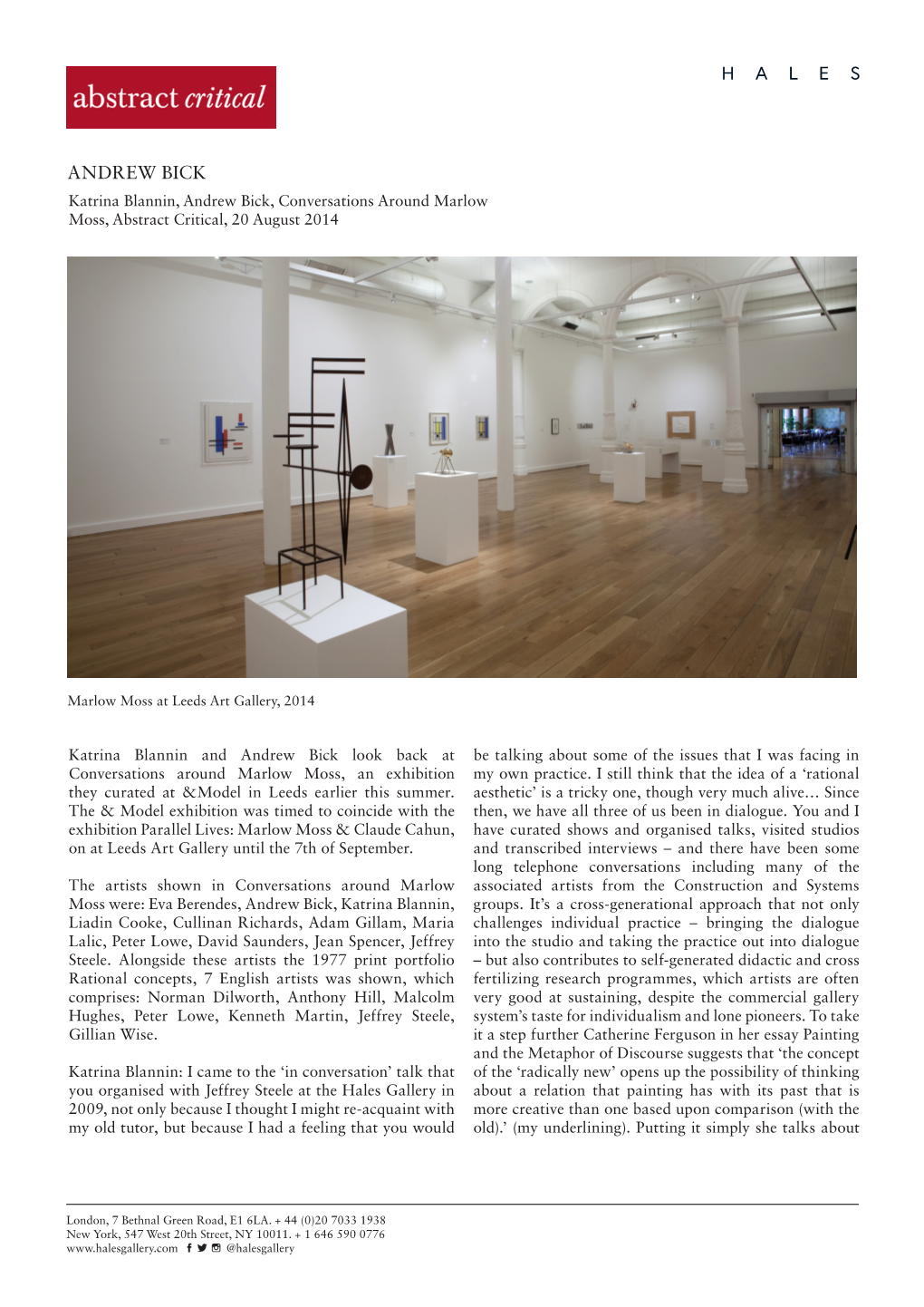 Katrina Blannin, Andrew Bick, Conversations Around Marlow Moss, Abstract Critical, 20 August 2014