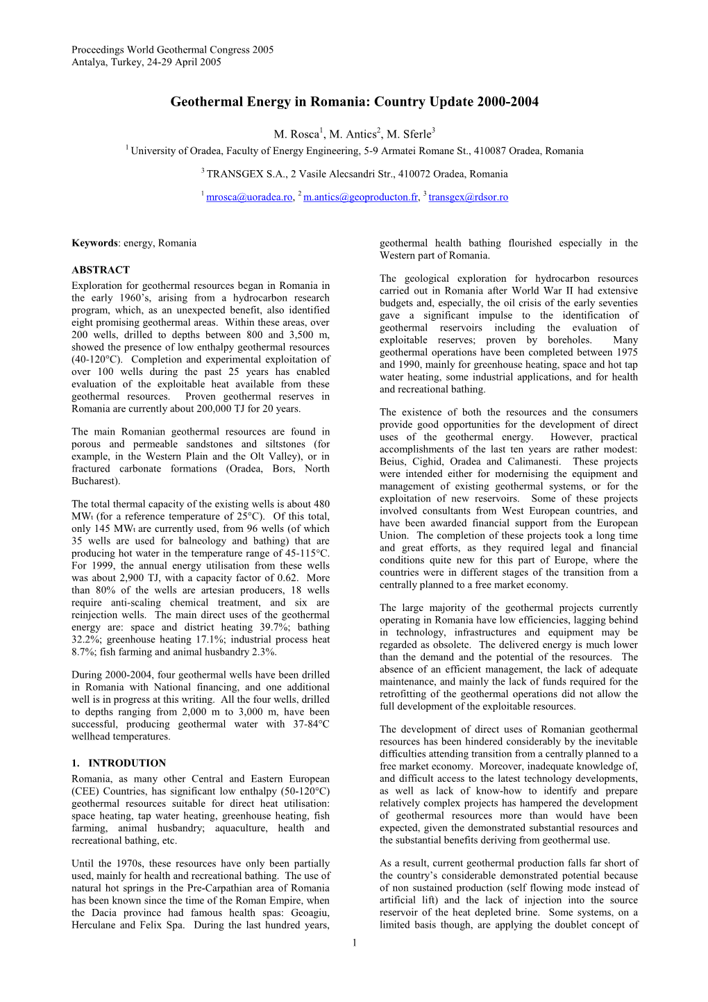 Geothermal Energy in Romania: Country Update 2000-2004