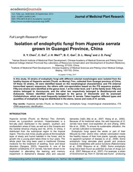 Isolation of Endophytic Fungi from Huperzia Serrata Grown in Guangxi Province, China