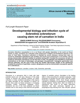 Developmental Biology and Infection Cycle of Sclerotinia Sclerotiorum Causing Stem Rot of Carnation in India