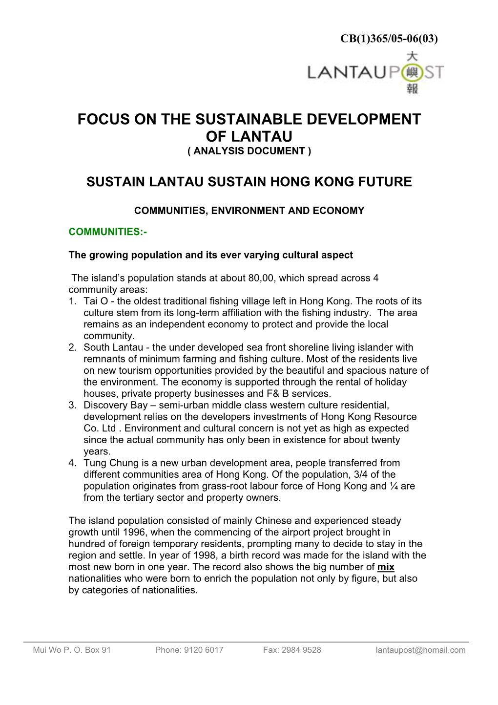 Focus on the Sustainable Development of Lantau ( Analysis Document )