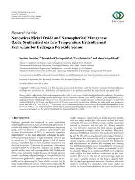 Research Article Nanowires Nickel Oxide and Nanospherical Manganese Oxide Synthesized Via Low Temperature Hydrothermal Technique for Hydrogen Peroxide Sensor