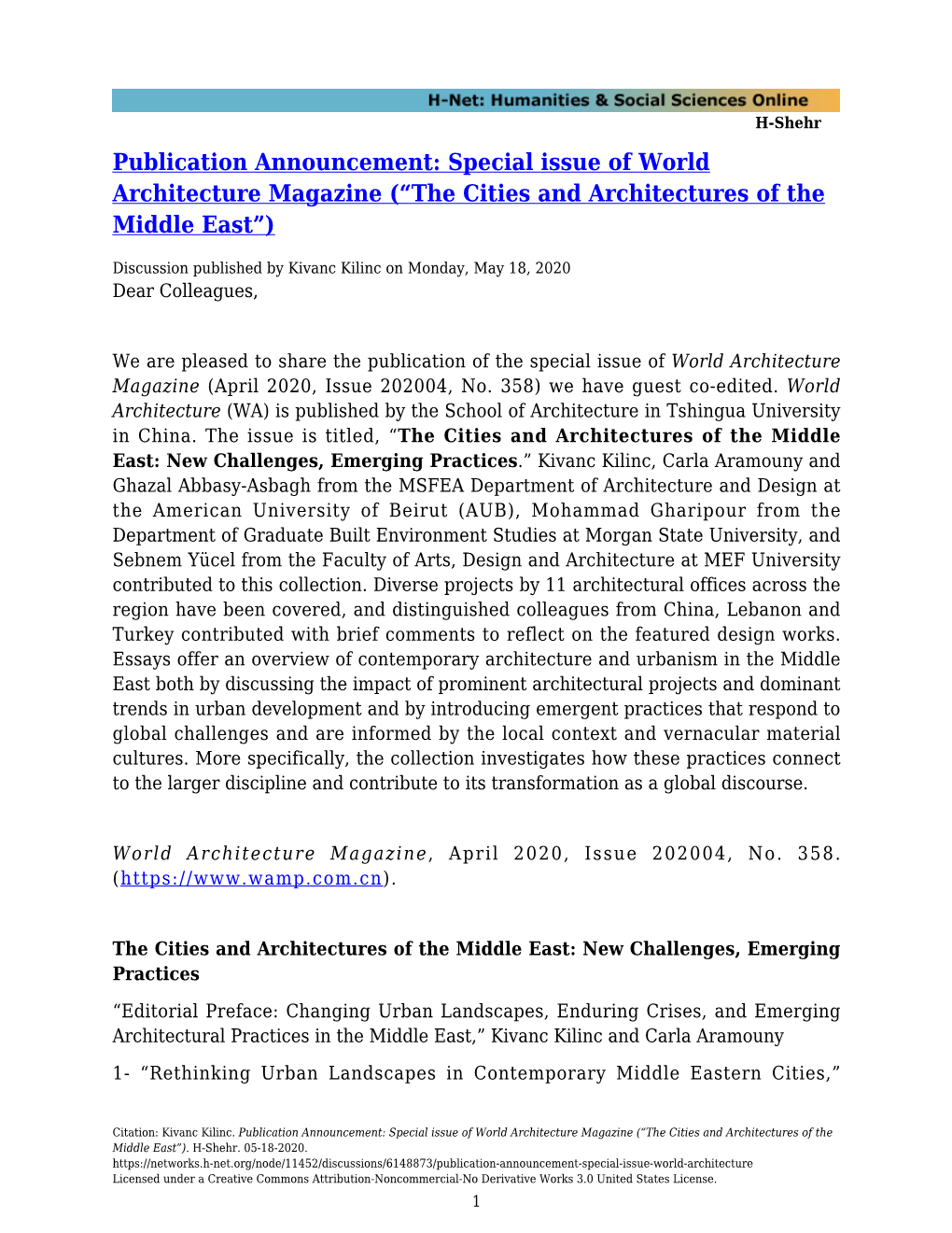 Publication Announcement: Special Issue of World Architecture Magazine (“The Cities and Architectures of the Middle East”)