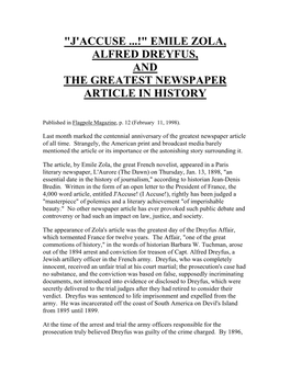 "J'accuse ...!" Emile Zola, Alfred Dreyfus, and the Greatest Newspaper Article in History