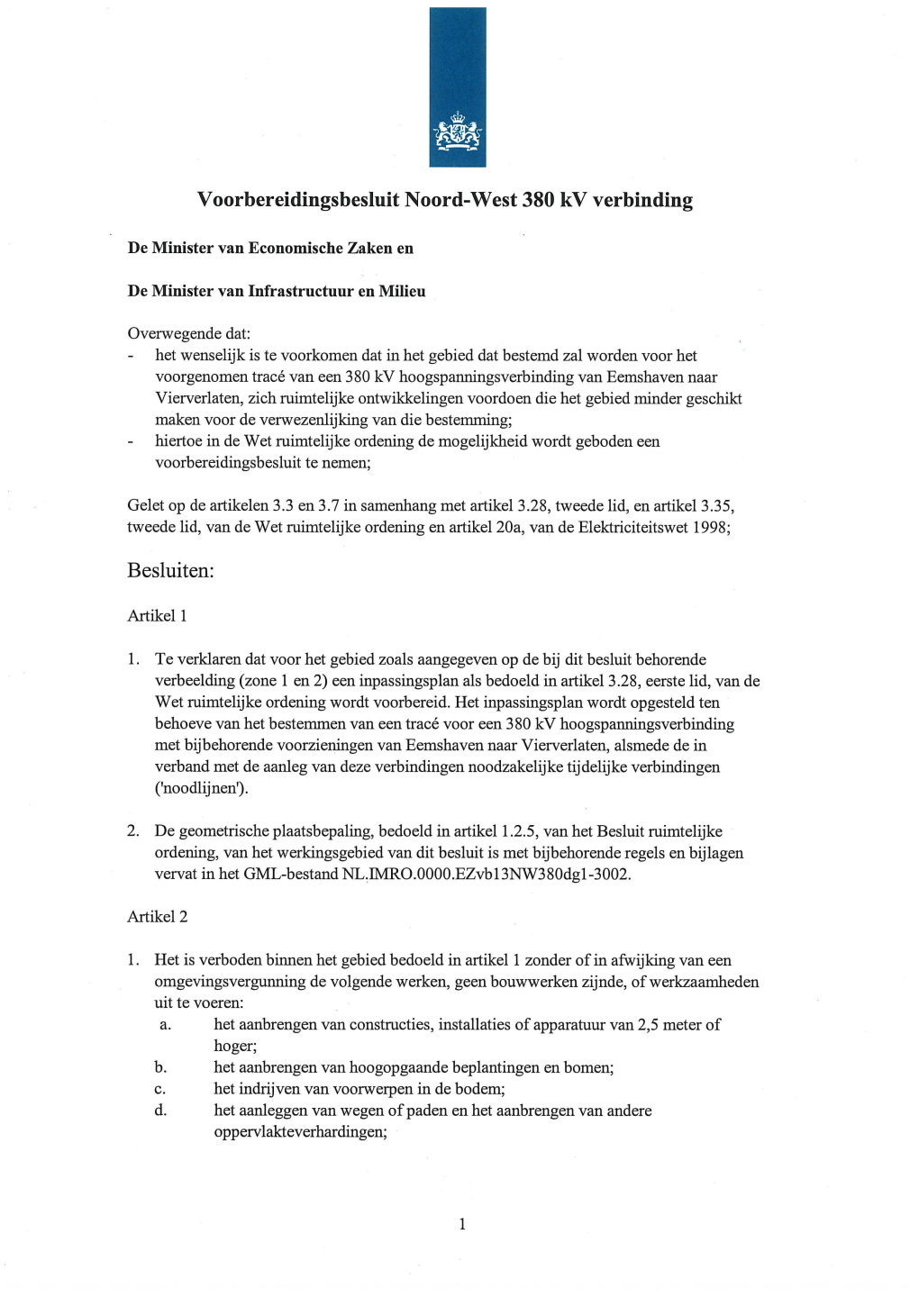 Voorbereidingsbesluit Noord-West 380 Kv Verbinding Besluiten