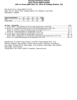Scoring Summary (Final) 2014 Texas A&M Football LSU Vs Texas A&M (Nov 27, 2014 at College Station
