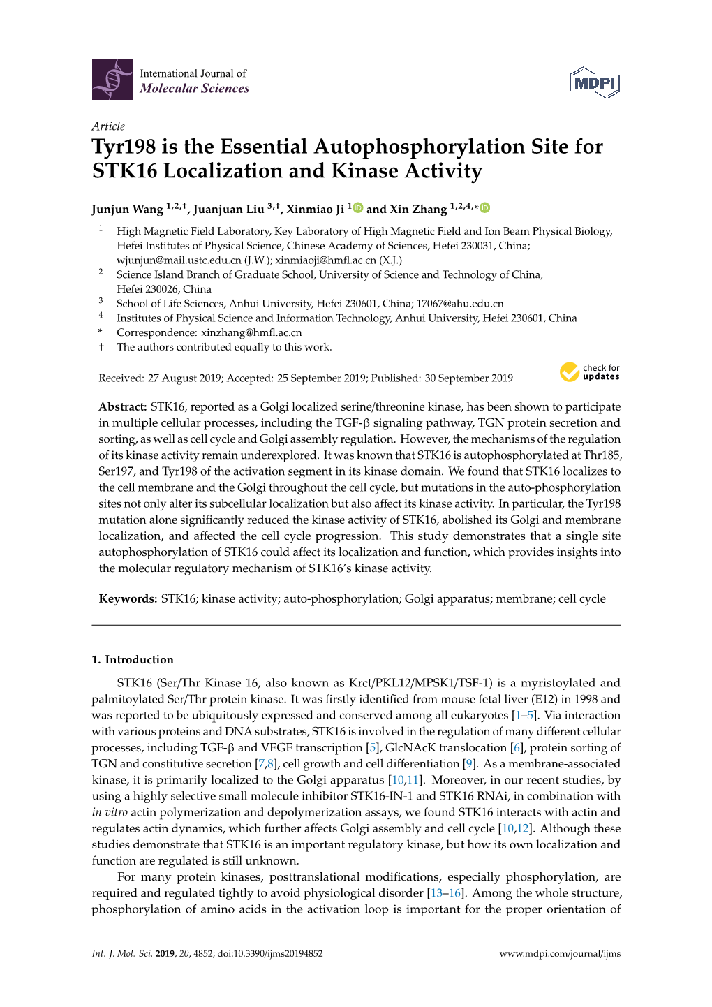 Tyr198 Is the Essential Autophosphorylation Site for STK16 Localization and Kinase Activity