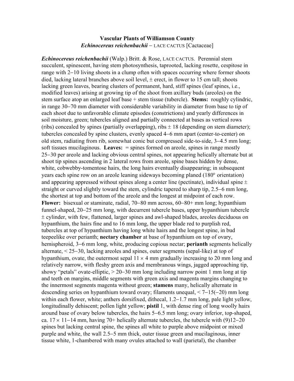 Vascular Plants of Williamson County Echinocereus Reichenbachii − LACE CACTUS [Cactaceae]